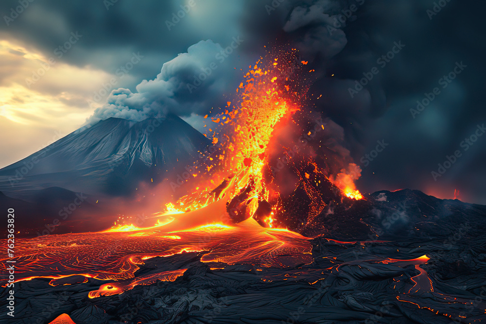Volcanic eruption and magma flow. AI technology generated image