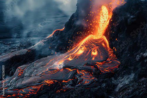 Volcanic eruption and magma flow. AI technology generated image