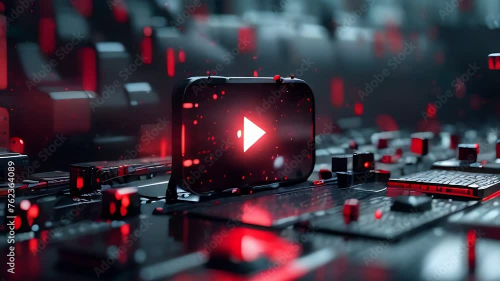 Youtube intro video red and blue play button prologue introduction red play button sitting on top of a computer keyboard, in the style of masterpiece, cinematic