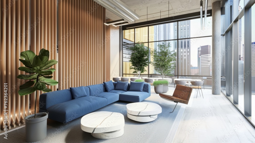 Modern Office Lounge with Blue Sofas and City View Modern Office Lounge with Blue Sofas and City View
