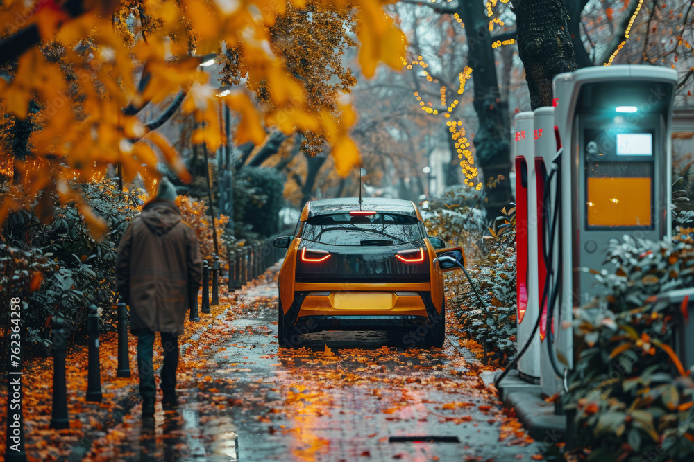 Fototapeta premium EV Car or Electric car at charging station with the power cable supply plugged in on blurred traffic jam in city with pollution background.
