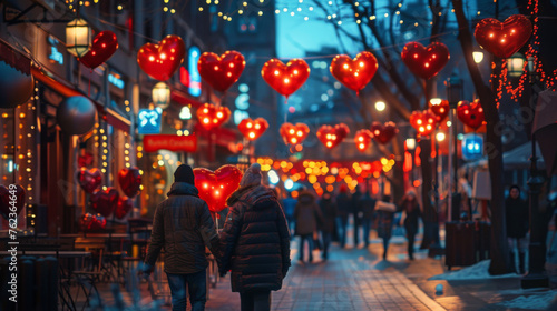 A couple walks hand in hand under romantic red heart-shaped balloons illuminating a cozy city alley.