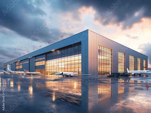 Illuminated hangar with airplanes reflecting in wet tarmac under dramatic sky at dusk