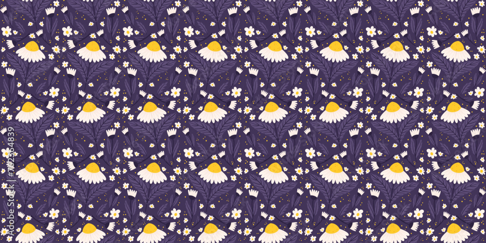 Uninterrupted Seamless pattern with daisy flowers in deep purple hues. Chamomile repeated surface pattern on a purple backdrop. Uninterrupted Seamless pattern with daisy flowers in deep purple hues. Chamomile repeated surface pattern on a purple backdrop.
