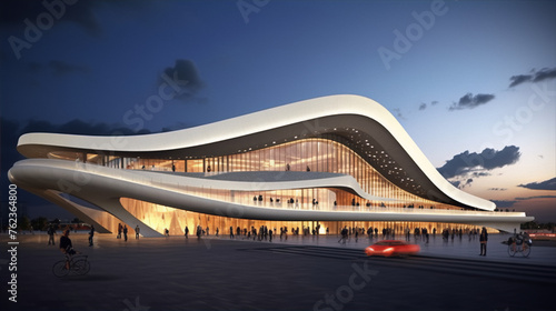Futuristic white parametric architecture with blue sky background