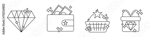Exclusive benefits icon collection. Diamond and gift box, wallet, shopping cart icons set.