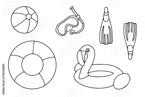 Set for relaxing on the beach. Snorkeling accessories, inflatable ball, circle. Isolated drawings in doodle style on a white background. Vector