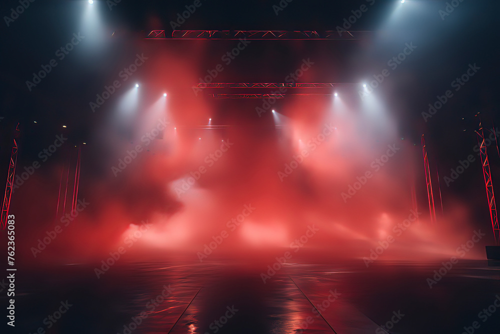 Concert stage with laser lighting and smoke. AI technology generated image