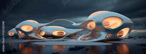Futuristic architecture with organic forms in a surreal landscape with water, rendered in 3D.
