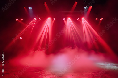 Concert stage with laser lighting and smoke. AI technology generated image