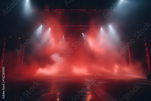 Concert stage with laser lighting and smoke. AI technology generated image