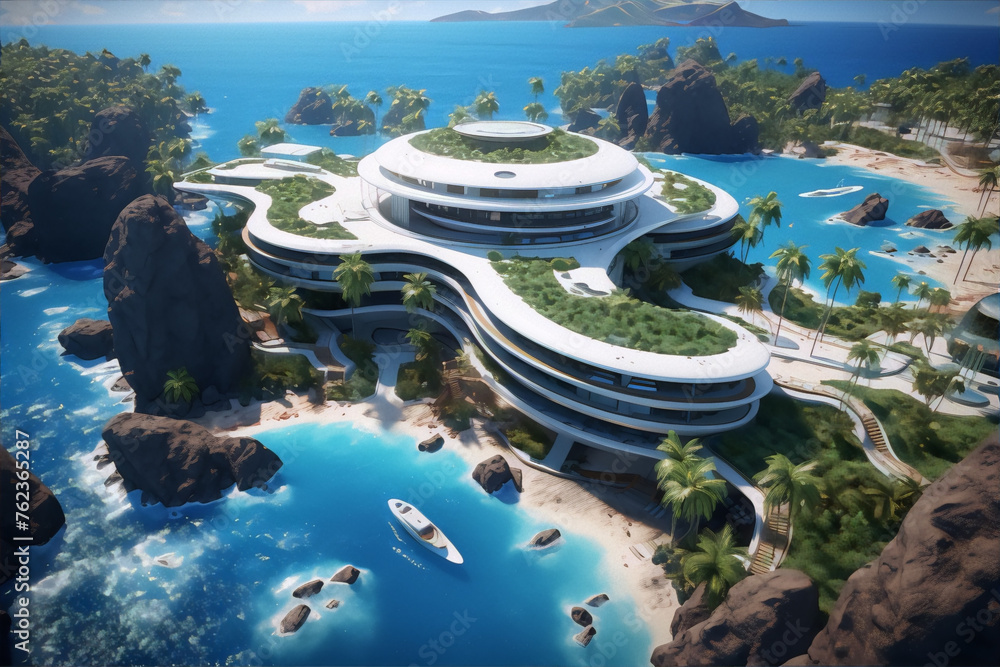 Futuristic luxury villa with pools and tropical vegetation - obrazy, fototapety, plakaty 