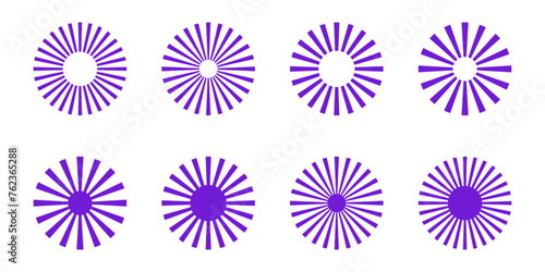 Set of purple radial stripes – A collection of simple purple sunbursts isolated on a background