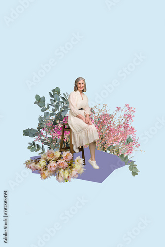 Sketch artwork trend composite image 3d collage photo of adeg beautiful lady sit on chair midst of spring dried fresh flowers eucalyptus photo