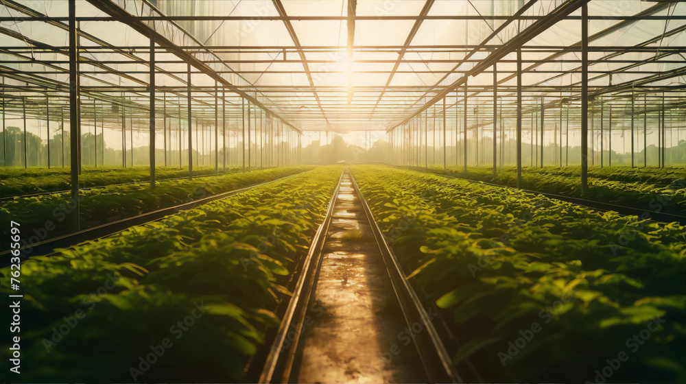 Greenhouses, plants, and sunlight in the image art category and art style subjects and colors