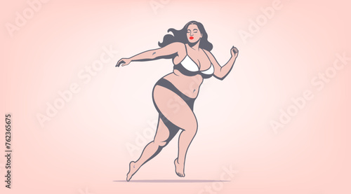 Vector concept of body positivity and diversity. Carefree chic curvy beautiful running plump young lady with closed eyes and red lips in a dark bikini swimsuit.
