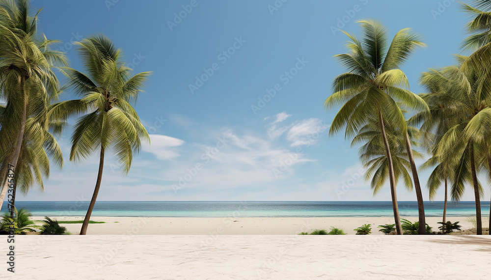 Summer white sand beach background. Framed copy space with palm trees and beautiful sea ocean landscape. Summertime holidays vacation. Luxury honeymoon trip to island beach resort. Tropical traveling.