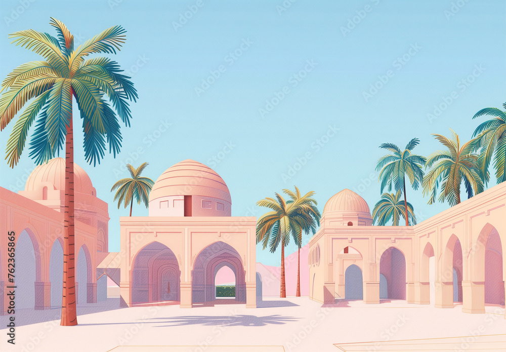 Illustration of a beautiful mosque, islamic concept, palm tree