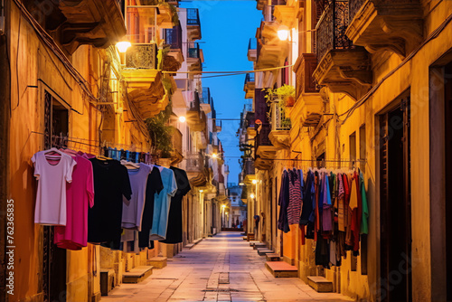 Clotheslines between buildings in a narrow street in an Italian town at night photo