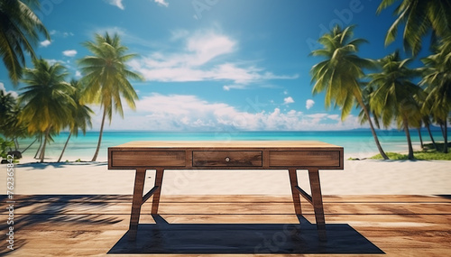 Table closeup on summer beach background. Desk with copy space on sand near beautiful sea ocean landscape. Summertime holidays vacation. Luxury honeymoon trip to beach resort. Tropical traveling.