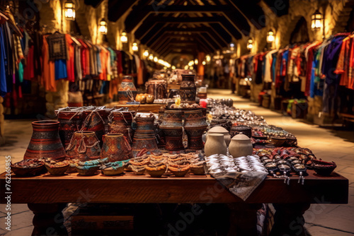Colorful and intricate Middle Eastern style pottery and glassware in a dimly lit bazaar.