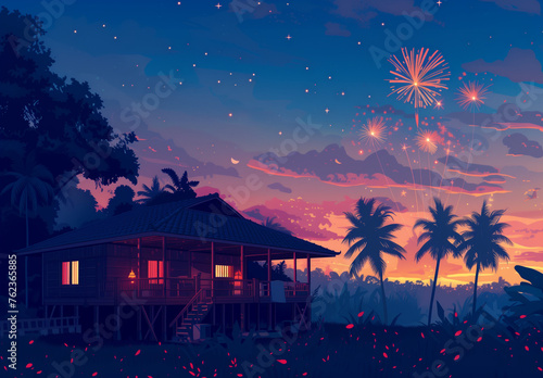 Illustration of a fireworks in a village, Malaysia, Indonesia, Asia, Hari Raya, Ramadan, Eid celebration at night, wooden house with palm tree