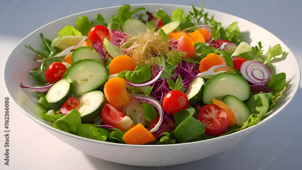 Salad Bowl With Mixed Vegetables On A Table, Fresh Vibrant Colours Salad Bowl With Mixed Vegetables On A Table, Fresh Vibrant Colours