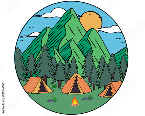 Camping in the mountains camping tent vector illustration for logo badge