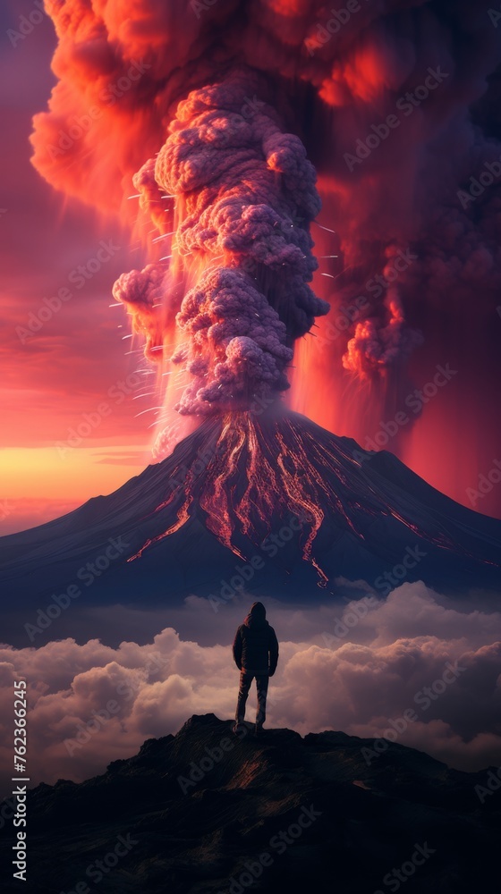 A man watching an erupting volcano. Volcano eruption with smoke and lava. Vertical orientation - obrazy, fototapety, plakaty 