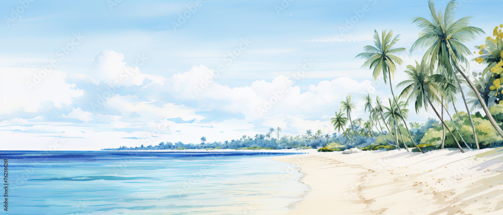 A watercolor scene of a tranquil beach with palm trees and a distant city skyline, featuring ample copy space in the expansive sky.