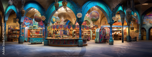 A long shot of an indoor middle eastern market with vibrant colors and intricate patterns. photo