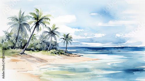 Watercolor painting of a peaceful beach with palm trees and a distant cityscape, capturing the essence of relaxation, ideal for travel and leisure-themed designs and decor. © Halyna
