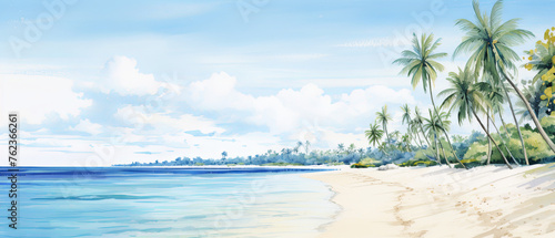 A watercolor scene of a tranquil beach with palm trees and a distant city skyline, featuring ample copy space in the expansive sky. © Halyna