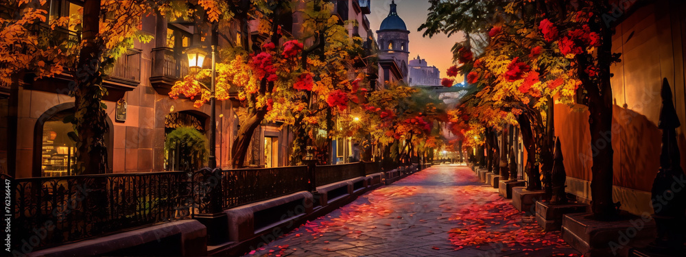 City street with colorful autumn trees and fallen leaves in the evening