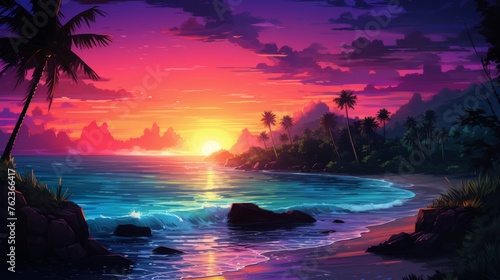 Colorful sunset on tropical beach. Beautiful colorful island with sunset. vivid sunset with gradient