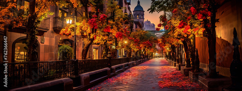 City street with colorful autumn trees and fallen leaves in the evening