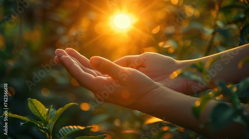 Persons hand in nature reaching out to touch the warm sun light. Spiritual, light, healing energy concept