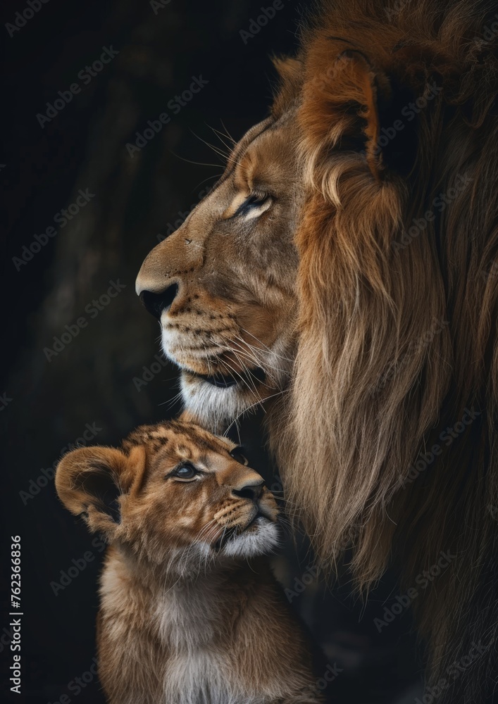 Adult lion portrait with small cub against dark background
