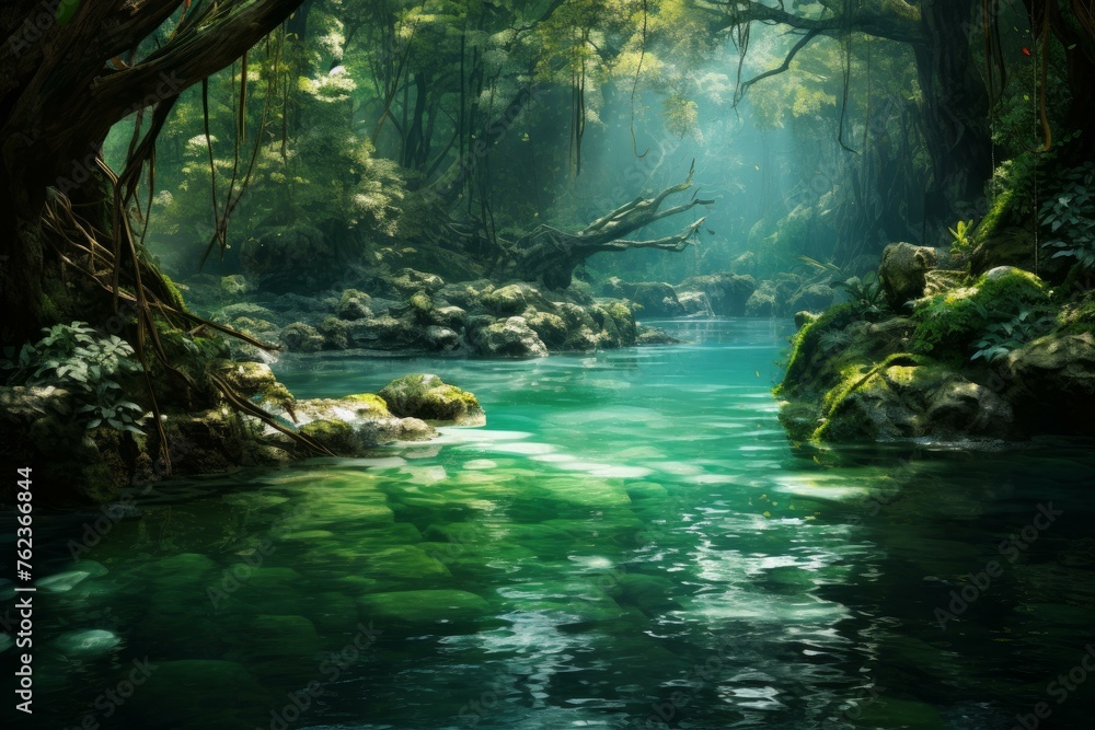 Expansive River aerial green hills. Sunny forest. Generate Ai Expansive River aerial green hills. Sunny forest. Generate Ai