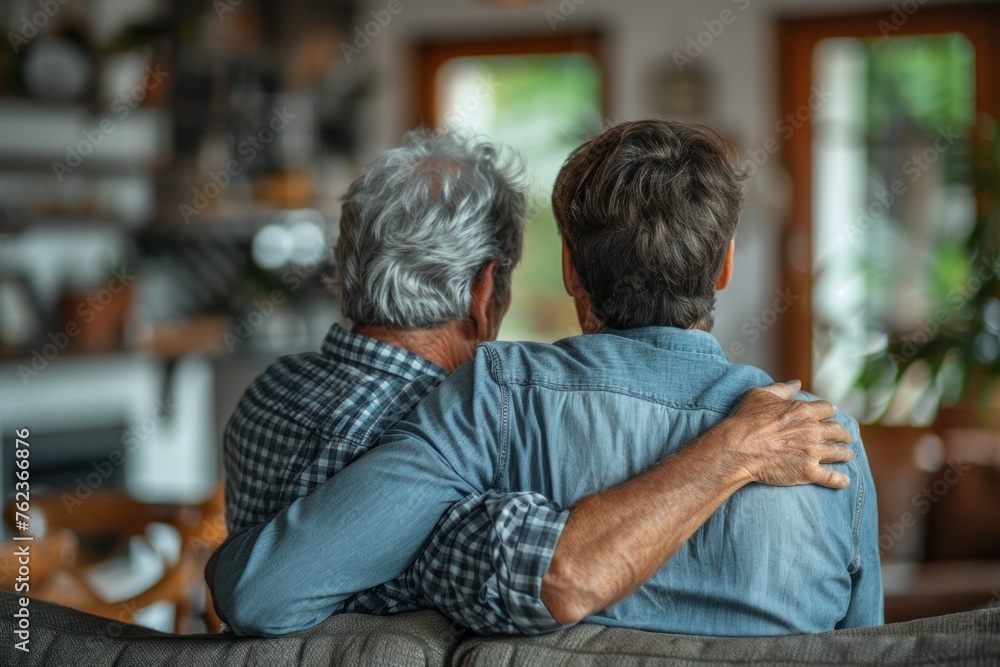 Rear view of son and elderly father sitting together at home. Son caring for his father, putting hand on his shoulder, comforting and consoling him. Family love, bonding, care and confidence Rear view of son and elderly father sitting together at home. Son caring for his father, putting hand on his shoulder, comforting and consoling him. Family love, bonding, care and confidence