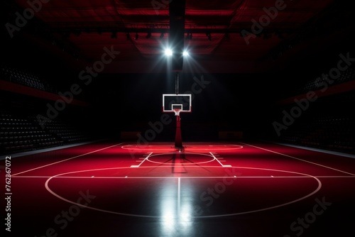 Basketball court with lights in the dark. Basketball hoop on black background with light effect