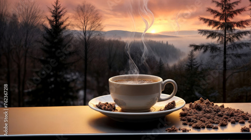 Hot cup of coffee at sunset in the mountains created with Generative AI technology