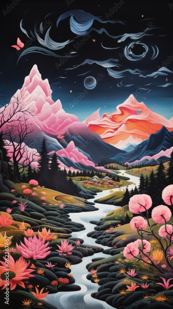 Fototapeta premium Mountain landscape with pink flowers and river. Pink mountains with river. Vertical orientation