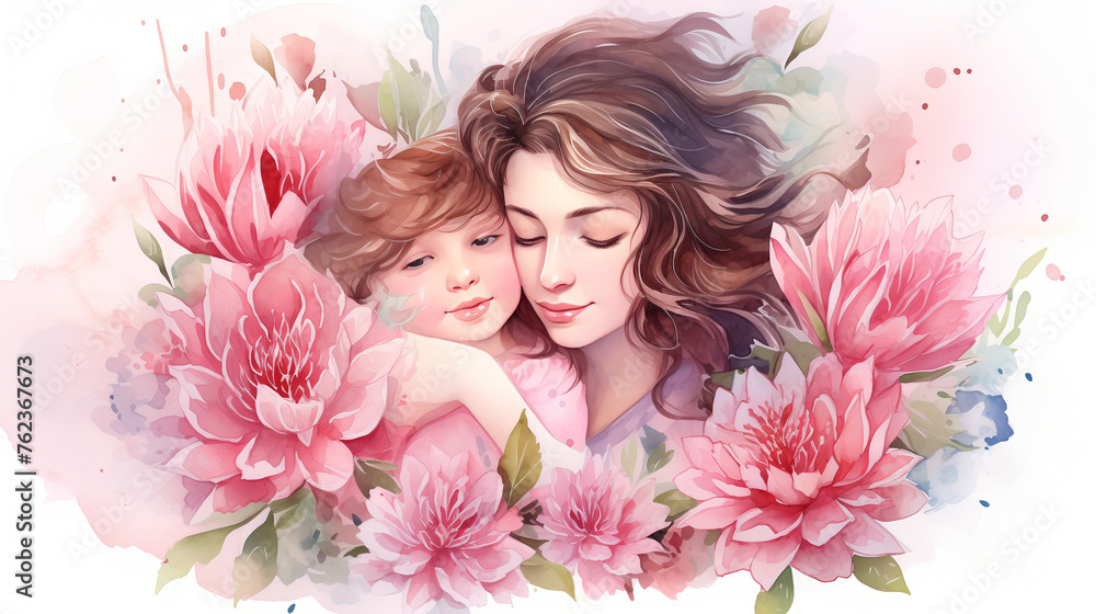 Softly painted image of a mother cradling her child, surrounded by pink blooms, capturing the gentle essence of motherhood for Mother's Day.