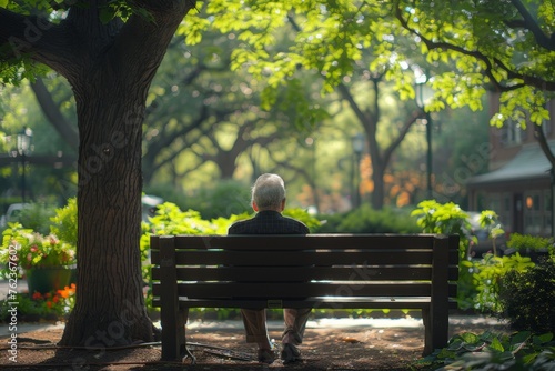 Senior man sitting on a wooden bench photo