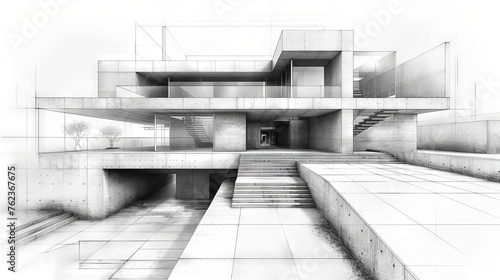 A contemporary, black and white architectural rendering showing a sectional view of a multi-level building interior that fits into the contour of the cliff, with living and public spaces clearly visib