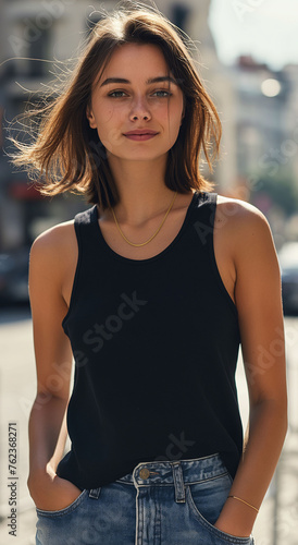 Arafed woman in a black tank top and jeans standing on a sidewalk, T-shirt template. Generated AI 