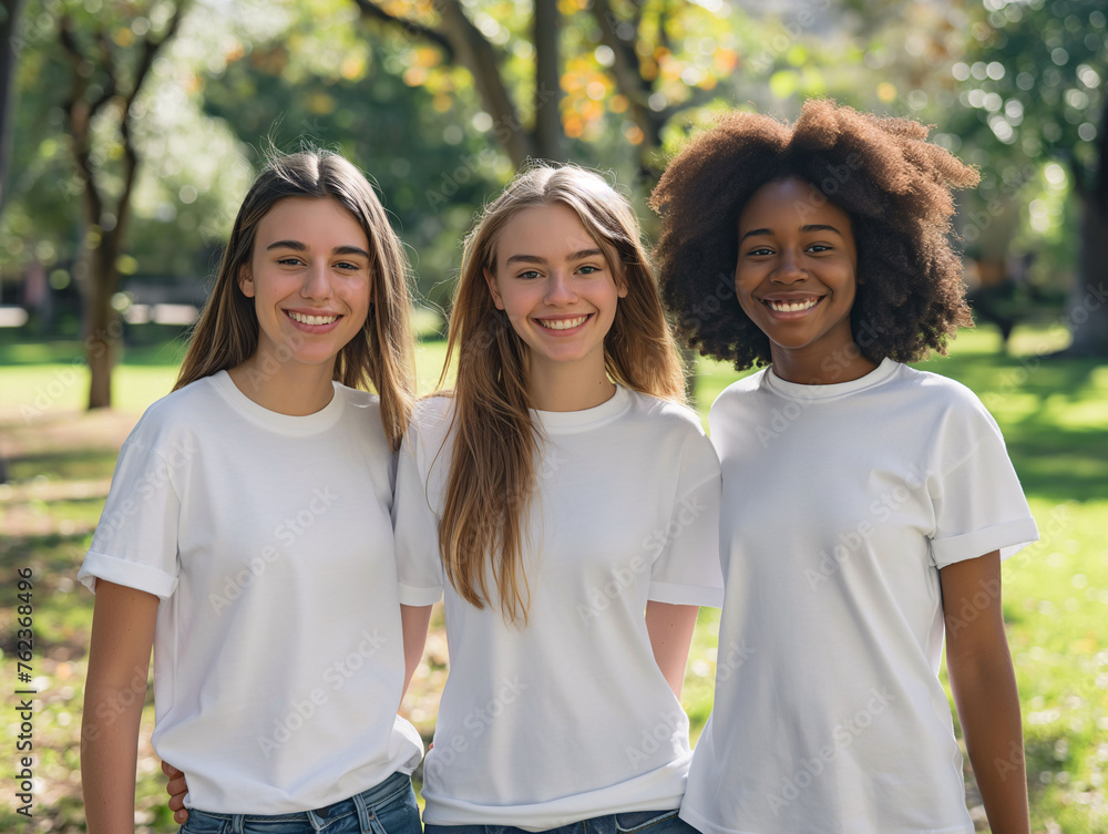 Three girls in white shirts standing next to each other in a park, Clothing presentation template. Generated AI 