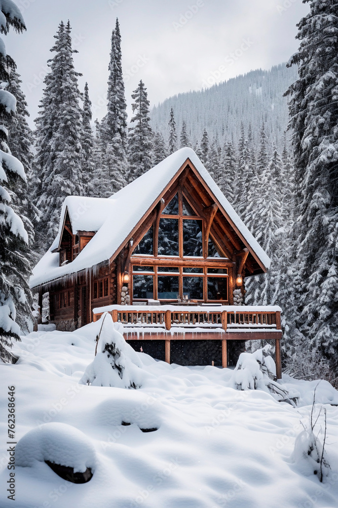 A cabin nestled in the snowy forest, surrounded by trees dusted with snow, creating winter wonderland scene.