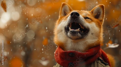 Hyper-realistic chubby Shiba Inu, military uniform, laughing with belly hold, tears of joy, anthropomorphic expressions